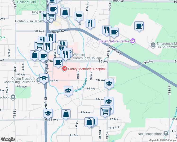 map of restaurants, bars, coffee shops, grocery stores, and more near 9533 139 Street in Surrey