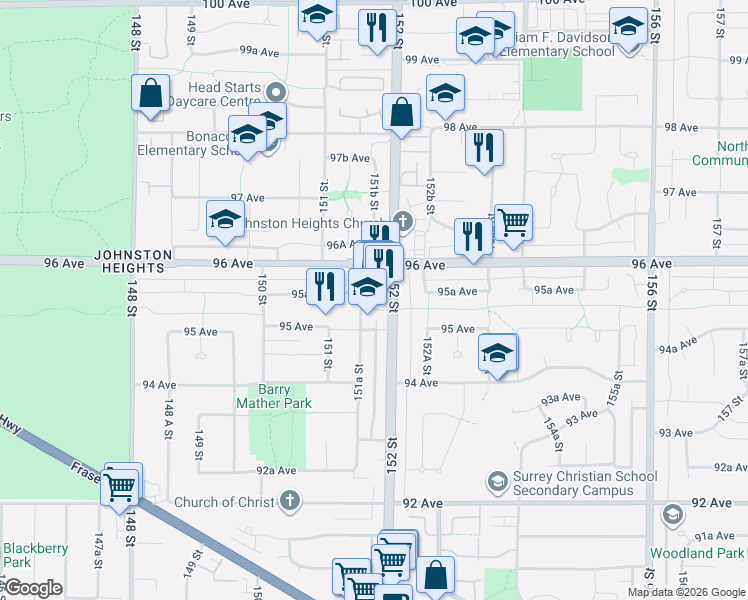 map of restaurants, bars, coffee shops, grocery stores, and more near 9547 152 Street in Surrey