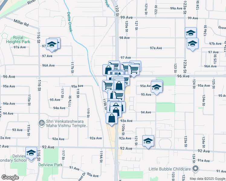 map of restaurants, bars, coffee shops, grocery stores, and more near 9537 120 Street in Delta