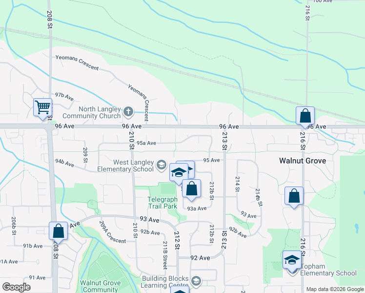 map of restaurants, bars, coffee shops, grocery stores, and more near 21210 95A Avenue in Langley Township