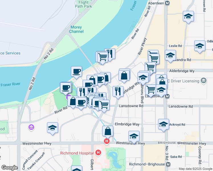 map of restaurants, bars, coffee shops, grocery stores, and more near 680 Gilbert Road in Richmond