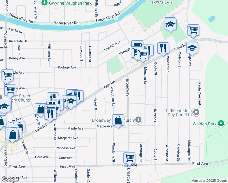 map of restaurants, bars, coffee shops, grocery stores, and more near 9574 Woodbine Street in Chilliwack