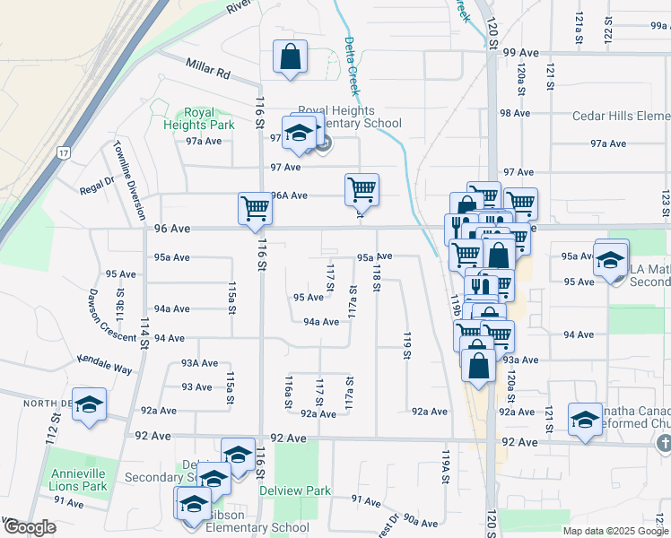 map of restaurants, bars, coffee shops, grocery stores, and more near 9526 117 Street in Delta