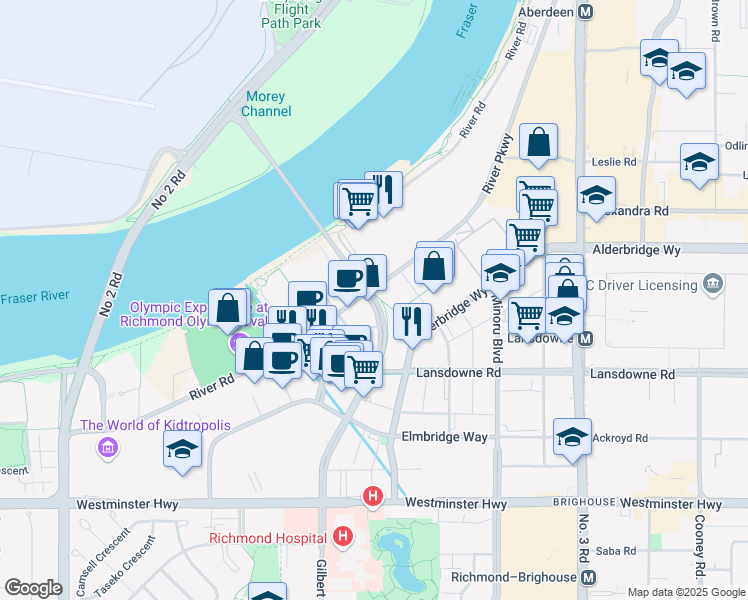 map of restaurants, bars, coffee shops, grocery stores, and more near 509 Gilbert Road in Richmond