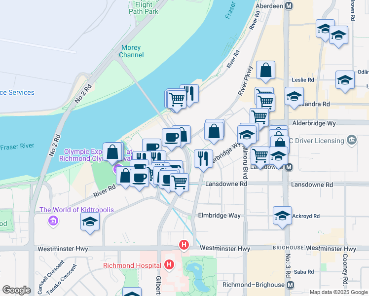 map of restaurants, bars, coffee shops, grocery stores, and more near 703 Gilbert Road in Richmond