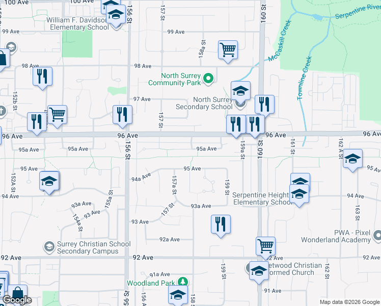 map of restaurants, bars, coffee shops, grocery stores, and more near 15796 95A Avenue in Surrey