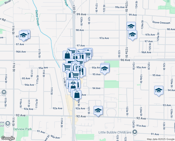 map of restaurants, bars, coffee shops, grocery stores, and more near 9517 121 Street in Surrey