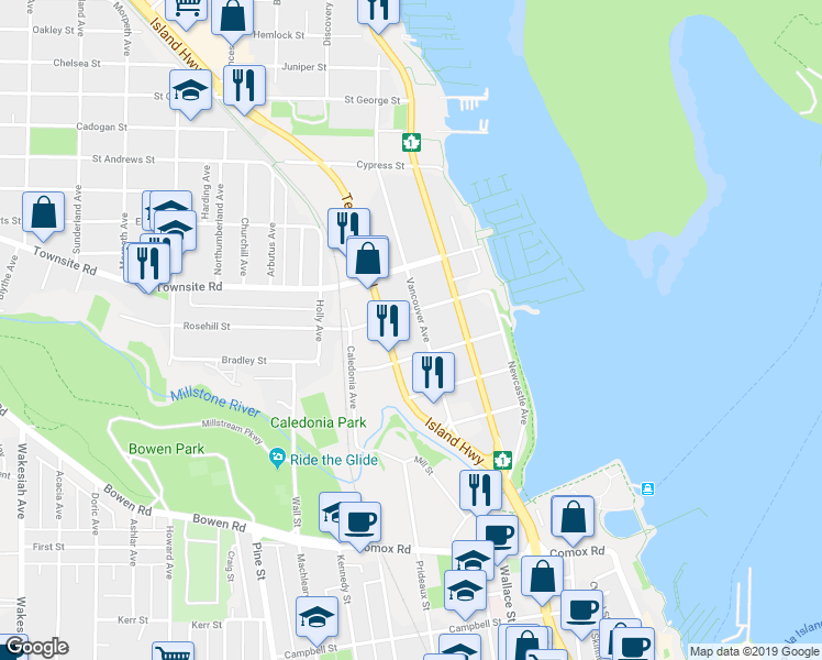 map of restaurants, bars, coffee shops, grocery stores, and more near 285 Rosehill Street in Nanaimo