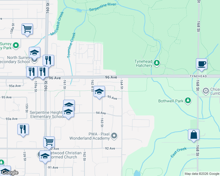 map of restaurants, bars, coffee shops, grocery stores, and more near 16348 95A Avenue in Surrey