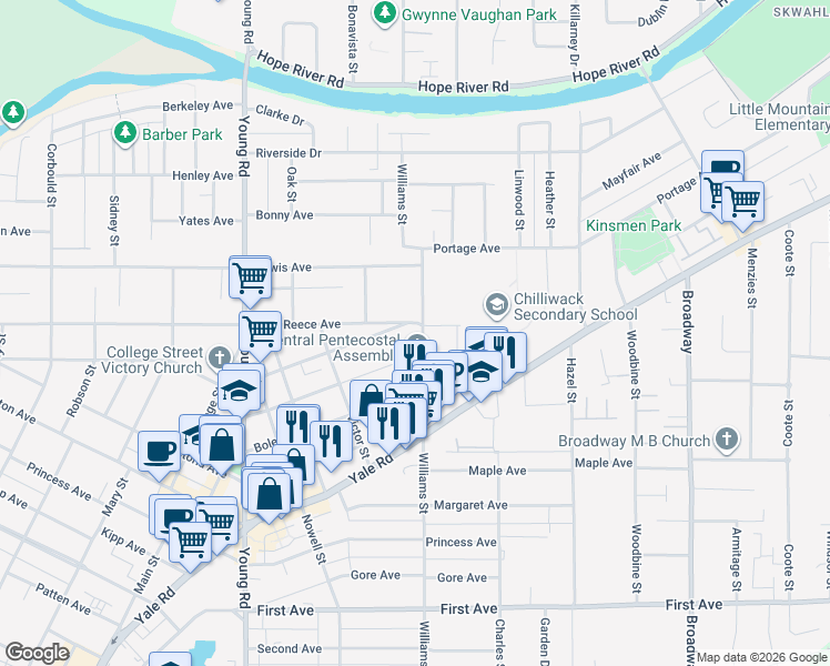 map of restaurants, bars, coffee shops, grocery stores, and more near 9573 Williams Street in Chilliwack