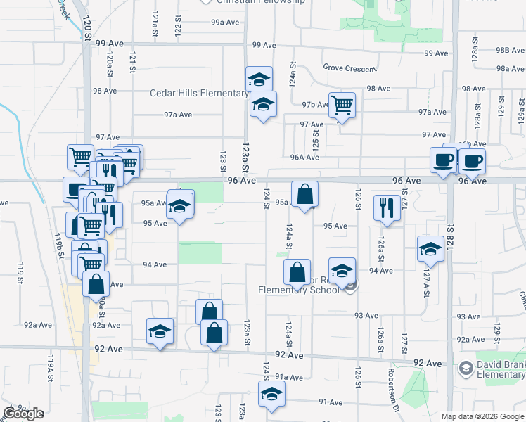 map of restaurants, bars, coffee shops, grocery stores, and more near 12384 95A Avenue in Surrey