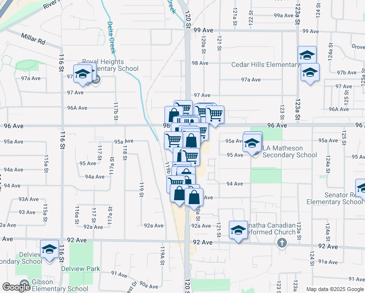 map of restaurants, bars, coffee shops, grocery stores, and more near 9537 120 Street in Delta