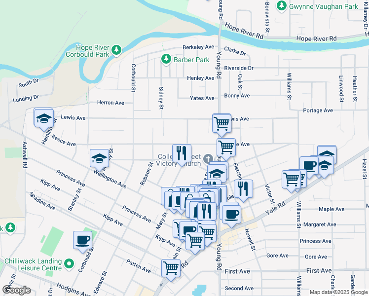 map of restaurants, bars, coffee shops, grocery stores, and more near 45858 Reece Avenue in Chilliwack