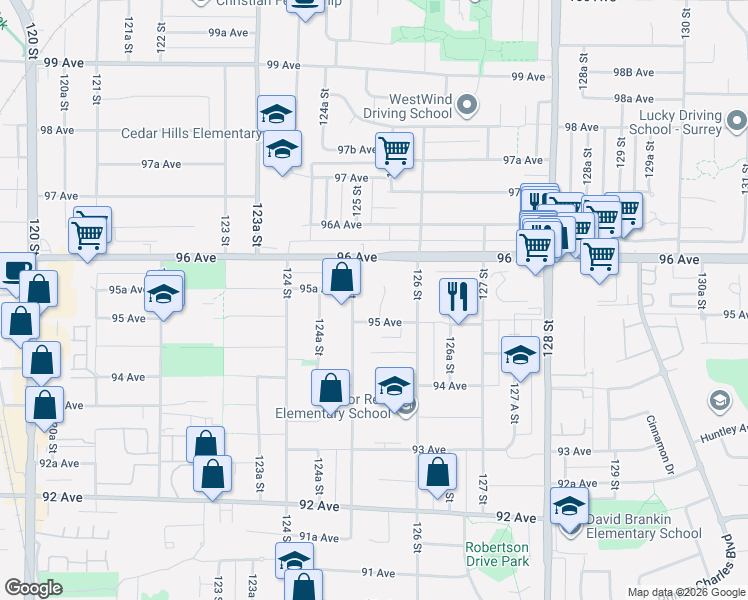 map of restaurants, bars, coffee shops, grocery stores, and more near 9537 125A Street in Surrey