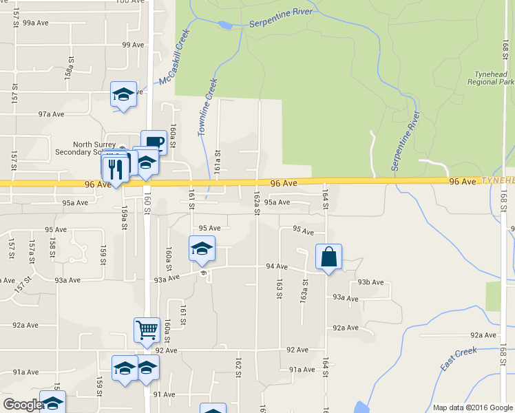 map of restaurants, bars, coffee shops, grocery stores, and more near 9538 162A Street in Surrey