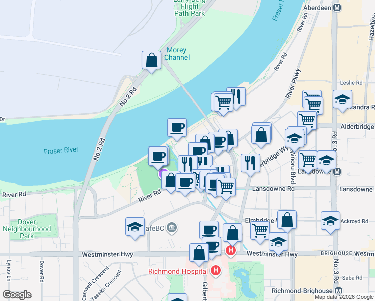 map of restaurants, bars, coffee shops, grocery stores, and more near 6633 Pearson Way in Richmond