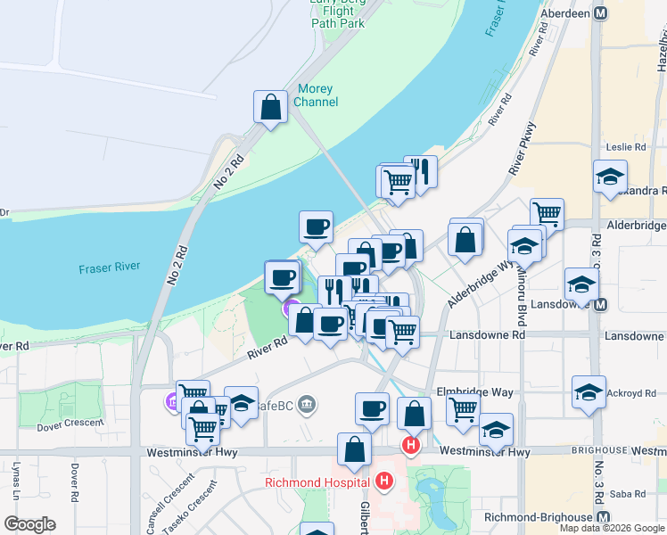 map of restaurants, bars, coffee shops, grocery stores, and more near 6633 Pearson Way in Richmond