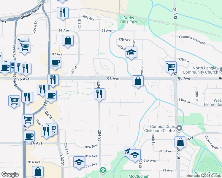map of restaurants, bars, coffee shops, grocery stores, and more near 20464 95A Avenue in Langley