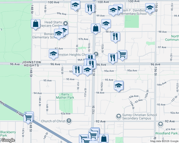map of restaurants, bars, coffee shops, grocery stores, and more near 9547 152 Street in Surrey