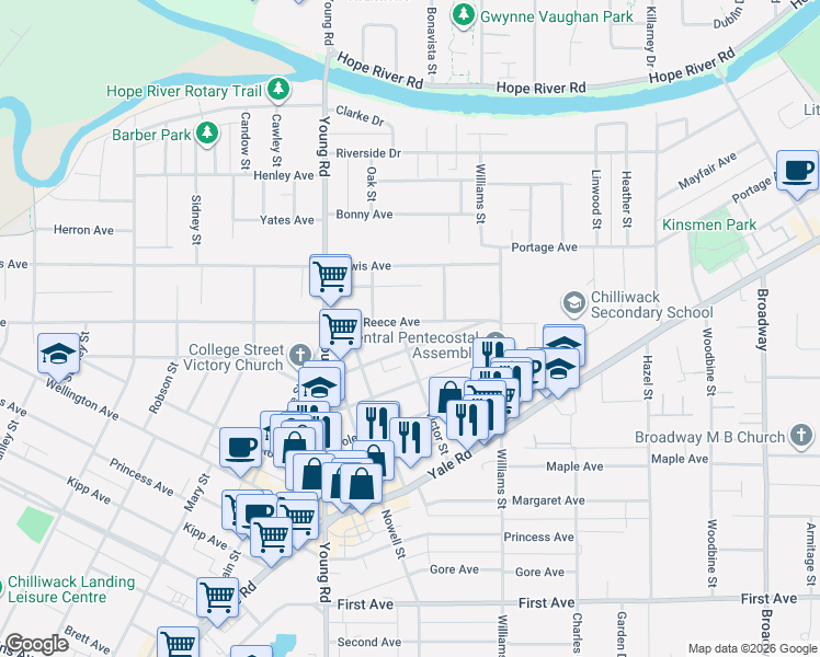 map of restaurants, bars, coffee shops, grocery stores, and more near 46060 Reece Avenue in Chilliwack