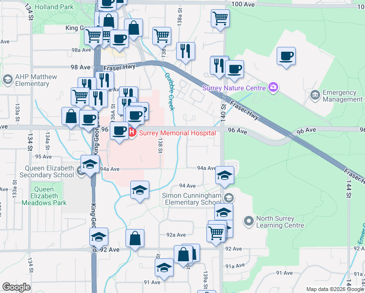 map of restaurants, bars, coffee shops, grocery stores, and more near 9543 139 Street in Surrey