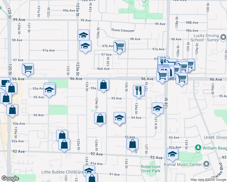 map of restaurants, bars, coffee shops, grocery stores, and more near 9537 125A Street in Surrey