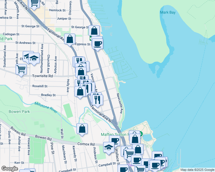 map of restaurants, bars, coffee shops, grocery stores, and more near 350 Trans-Canada Highway in Nanaimo