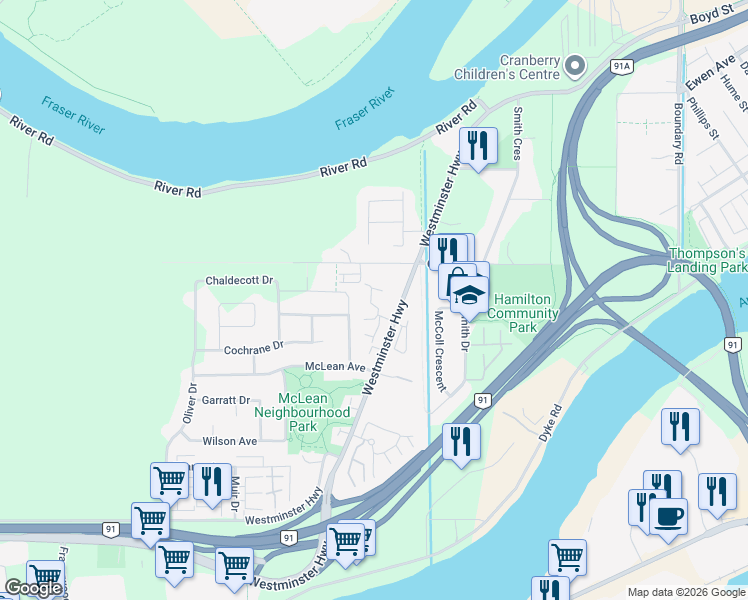 map of restaurants, bars, coffee shops, grocery stores, and more near 22711 Norton Court in Richmond