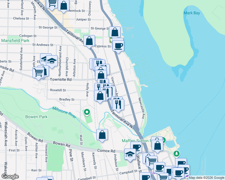 map of restaurants, bars, coffee shops, grocery stores, and more near 225 Rosehill Street in Nanaimo