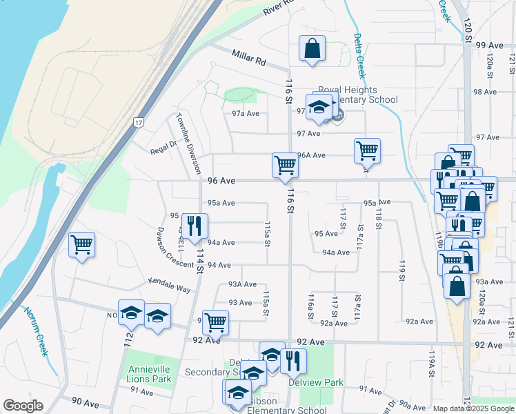 map of restaurants, bars, coffee shops, grocery stores, and more near 11530 95A Avenue in Delta