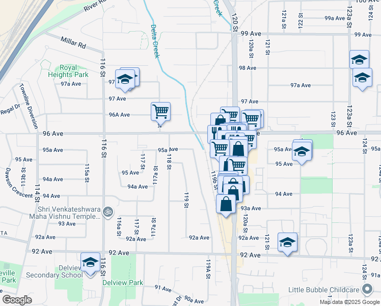map of restaurants, bars, coffee shops, grocery stores, and more near 9543 119A Street in Delta