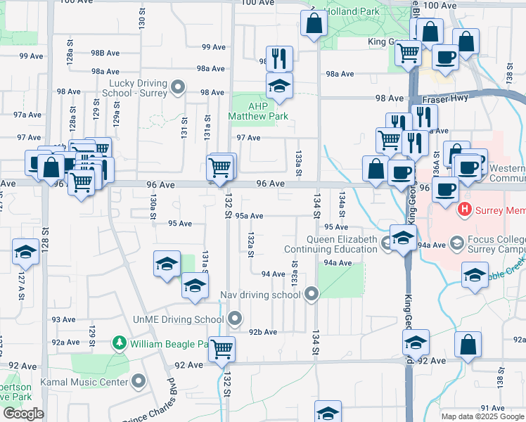 map of restaurants, bars, coffee shops, grocery stores, and more near 13275 95A Avenue in Surrey