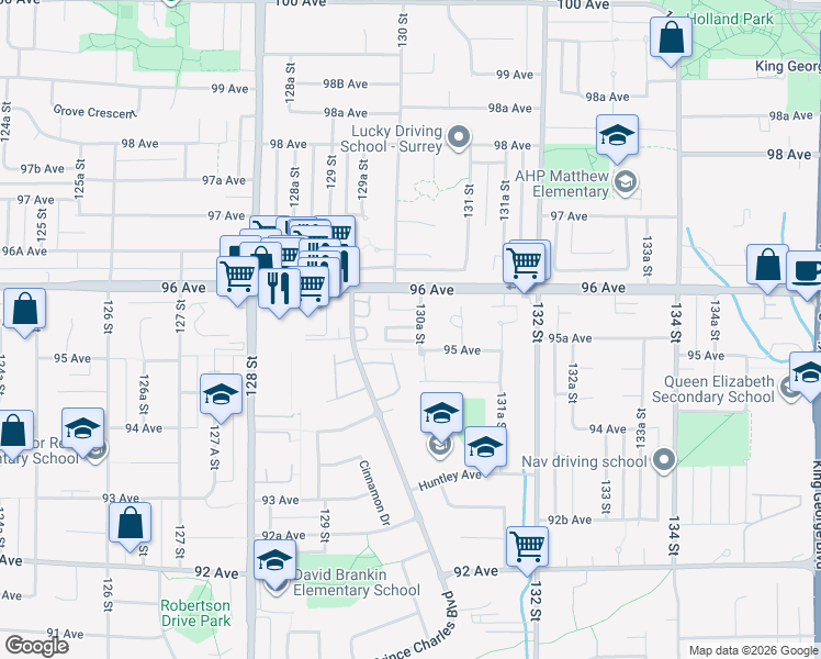map of restaurants, bars, coffee shops, grocery stores, and more near in Surrey
