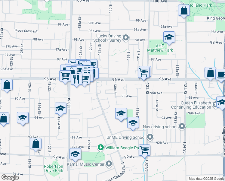 map of restaurants, bars, coffee shops, grocery stores, and more near 9533 130A Street in Surrey