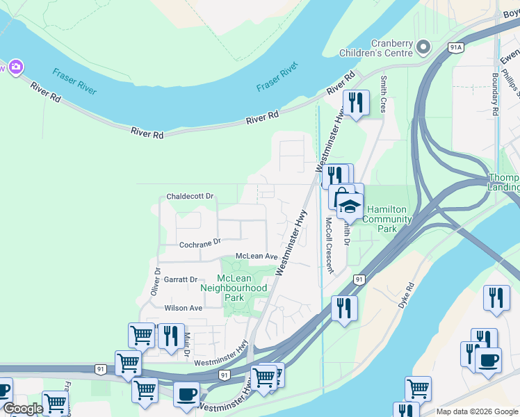 map of restaurants, bars, coffee shops, grocery stores, and more near 5111 Turner Street in Richmond