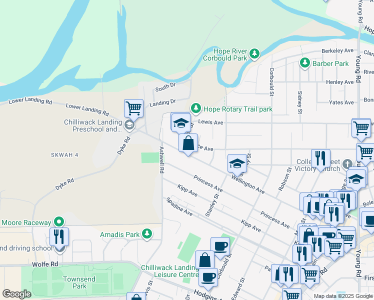 map of restaurants, bars, coffee shops, grocery stores, and more near 45439 Wellington Avenue in Chilliwack