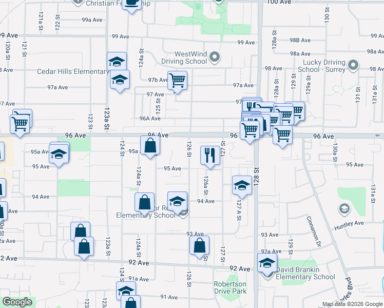map of restaurants, bars, coffee shops, grocery stores, and more near 9550 126 Street in Surrey