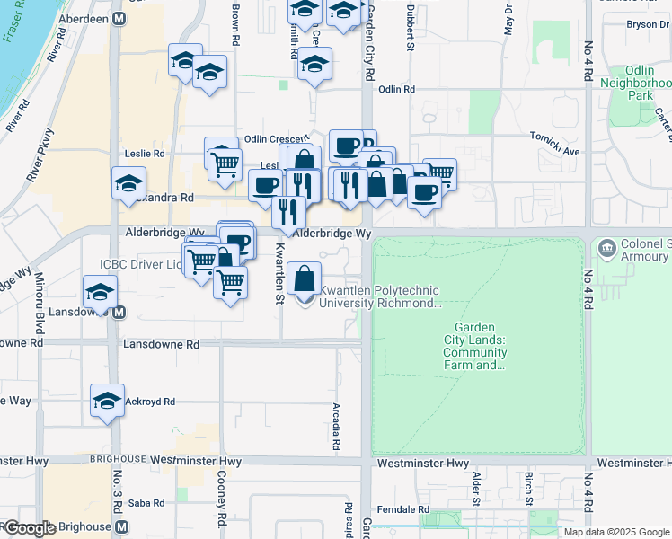 map of restaurants, bars, coffee shops, grocery stores, and more near 3409 Garden City Road in Richmond