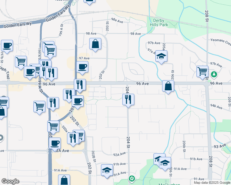 map of restaurants, bars, coffee shops, grocery stores, and more near 9525 204 Street in Langley Township