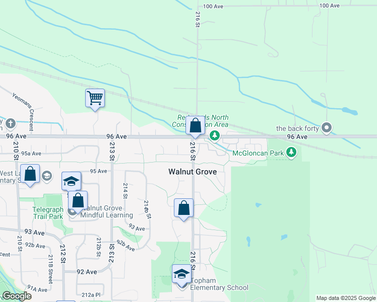 map of restaurants, bars, coffee shops, grocery stores, and more near 21597 95A Avenue in Langley Township