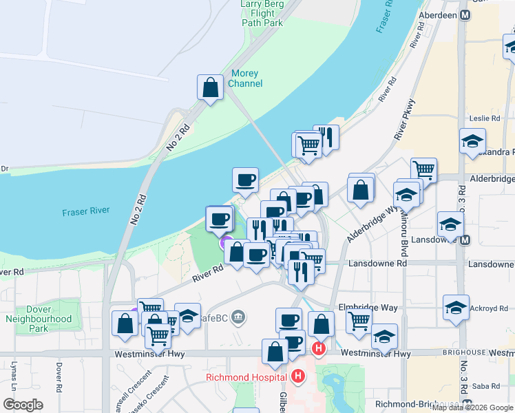 map of restaurants, bars, coffee shops, grocery stores, and more near 6611 Pearson Way in Richmond