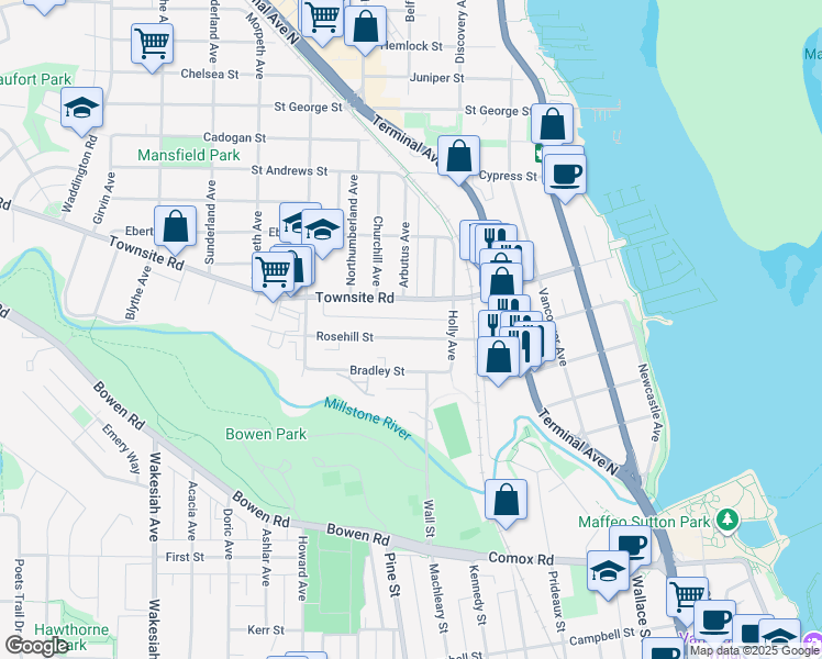 map of restaurants, bars, coffee shops, grocery stores, and more near 528 Rosehill Street in Nanaimo