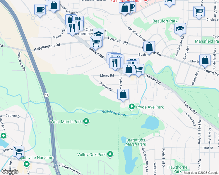 map of restaurants, bars, coffee shops, grocery stores, and more near 1606 Venlaw Road in Nanaimo