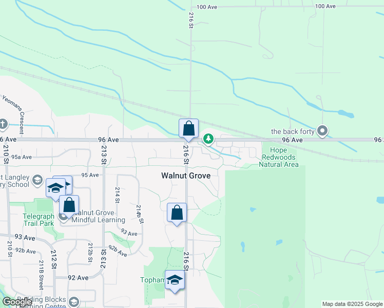 map of restaurants, bars, coffee shops, grocery stores, and more near 9584 - 216 Street in Langley Township