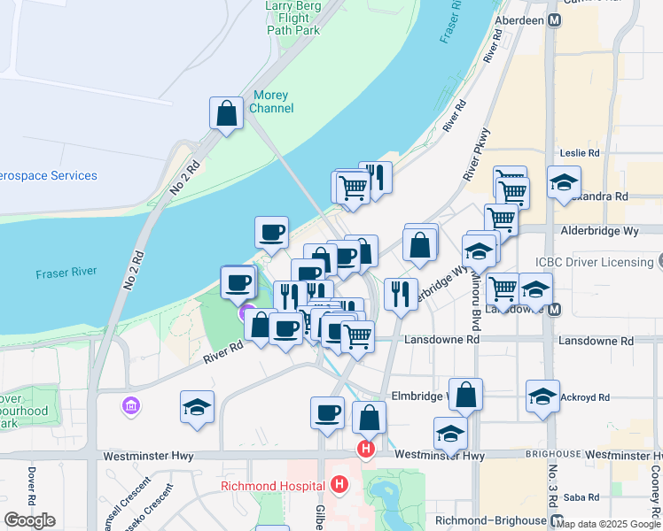 map of restaurants, bars, coffee shops, grocery stores, and more near 6855 Pearson Way in Richmond