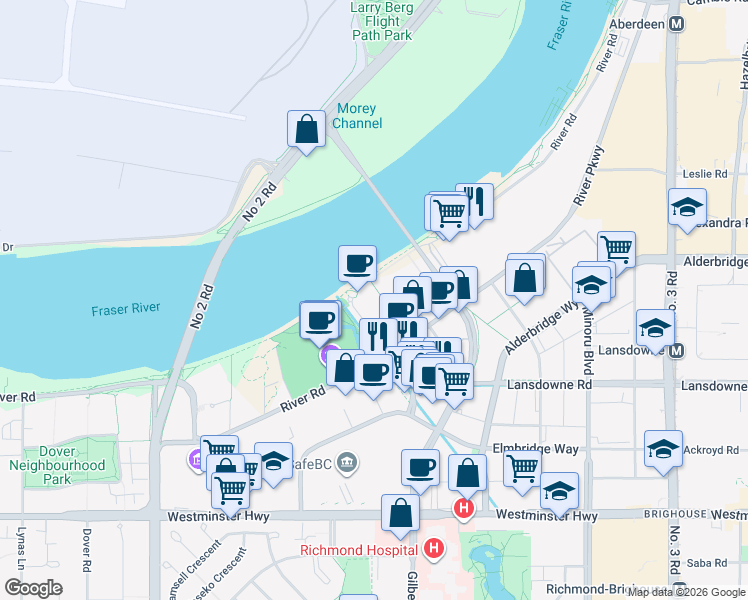 map of restaurants, bars, coffee shops, grocery stores, and more near 6611 Pearson Way in Richmond