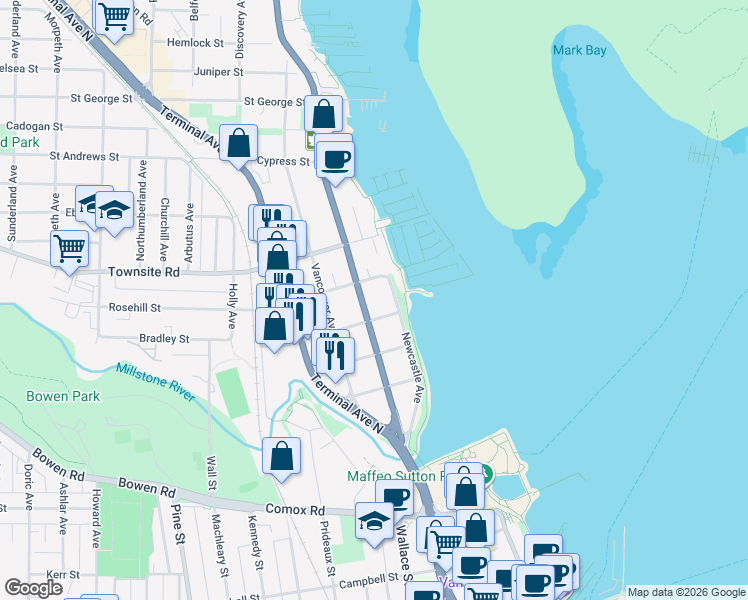 map of restaurants, bars, coffee shops, grocery stores, and more near 350 Trans-Canada Highway in Nanaimo