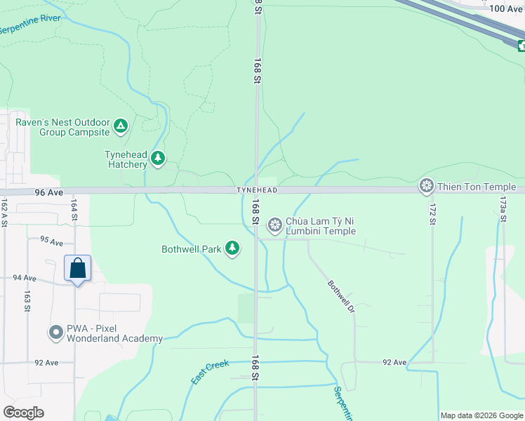 map of restaurants, bars, coffee shops, grocery stores, and more near 9558 168 Street in Surrey