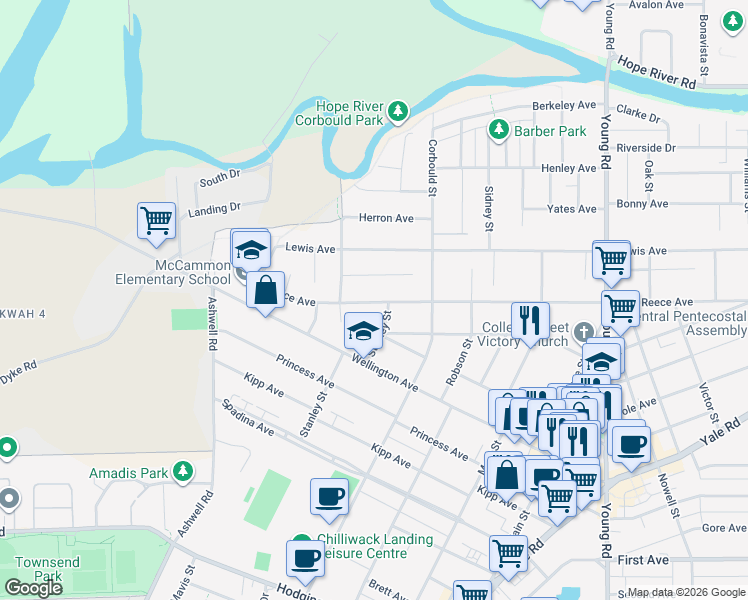 map of restaurants, bars, coffee shops, grocery stores, and more near in Chilliwack