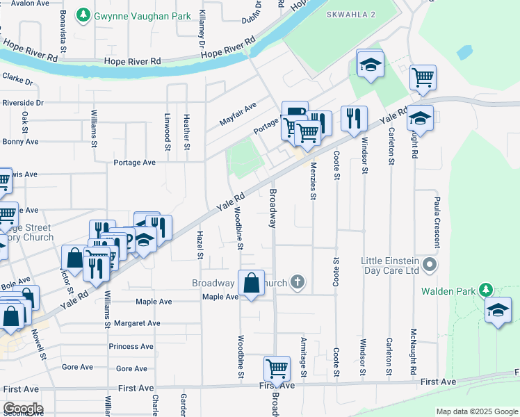 map of restaurants, bars, coffee shops, grocery stores, and more near 46535 Clayton Avenue in Chilliwack